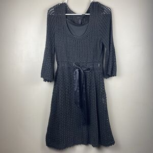 Vintage Y2K Context Size L Grey  Crochet Knit Belted Flare Dress 90s Witchy Whim